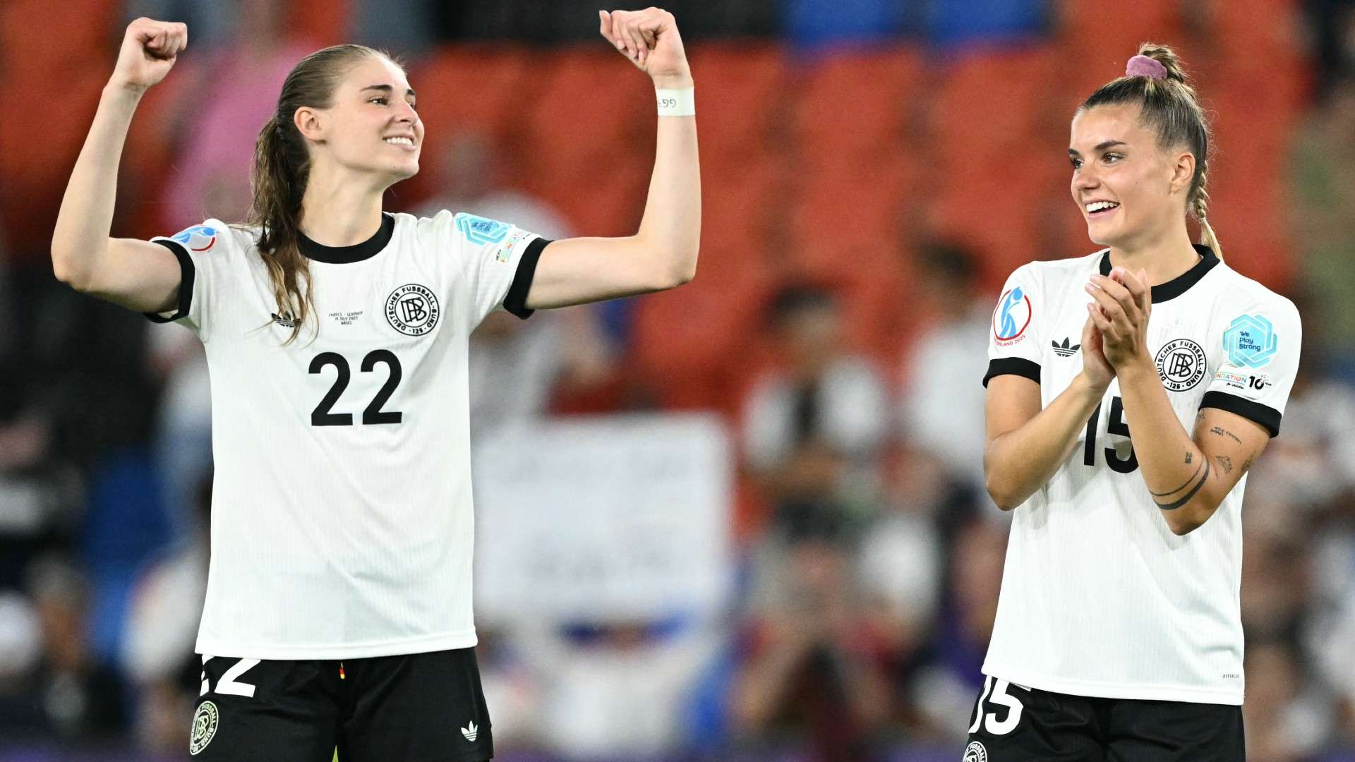 Germany's midfielder #22 Jule Brand and Germany's forward #15 Selina Cerci celebrate after winning